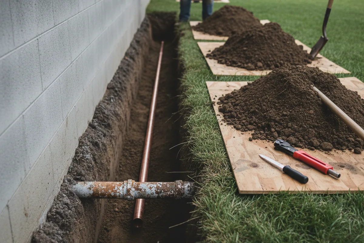 Excavated water line trench during Water Heater Repair in East New Market